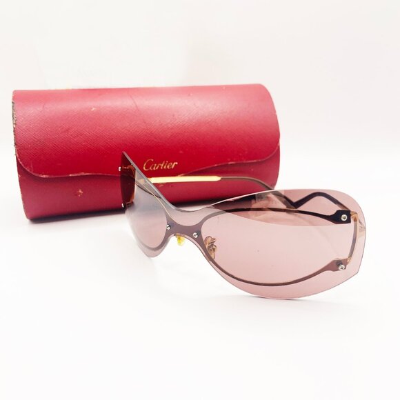 Cartier Vintage 24K Gold Plated Aviator Sunglasses Rimless Rose Pink Shield Y2K - Picture 1 of 8